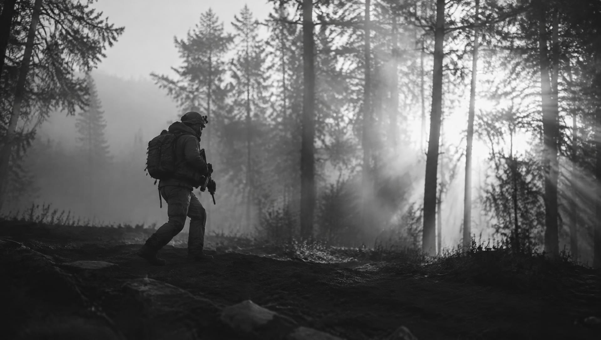 Jugador de airsoft con equipo táctico caminando en un bosque con niebla